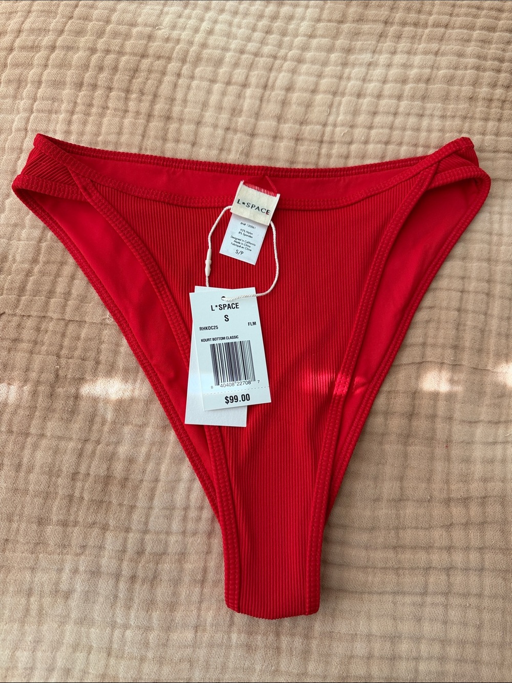 l*space Bright Red Ribbed High-Cut Bikini Bottom